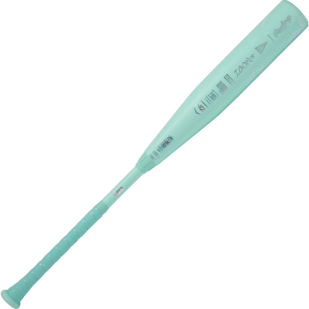 The 2026 Rawlings Icon (-10) 2 3/4" USSSA Baseball Bat: RUT6I10 (DEMO) features a teal design, textured grip handle, and carbon composite construction, displayed against a plain white background.