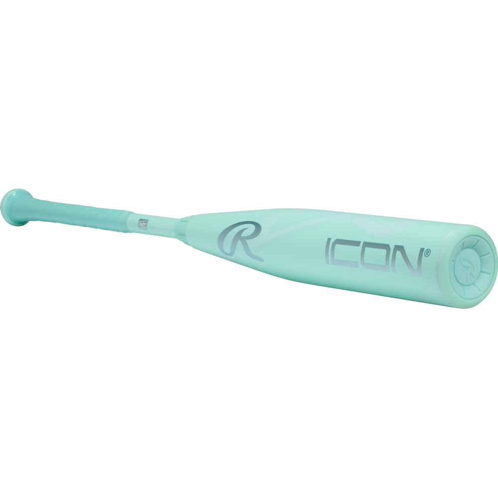 The 2026 Rawlings Icon (-10) 2 3/4" USSSA Baseball Bat: RUT6I10 (DEMO) in teal features ICON and the Rawlings logo, is made from carbon composite, and is shown against a plain white background.