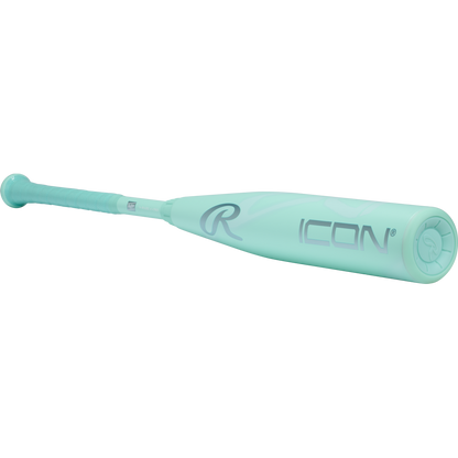 The 2026 Rawlings Icon (-10) 2 3/4" USSSA Baseball Bat: RUT6I10 (DEMO) in teal features ICON and the Rawlings logo, is made from carbon composite, and is shown against a plain white background.