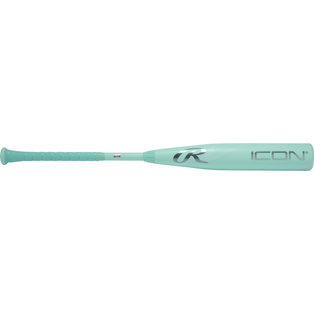 The 2026 Rawlings Icon (-5) 2 3/4" USSSA Baseball Bat (RUT6I5) features a turquoise barrel with ICON and a stylized R logo, plus a textured grip for both style and performance.