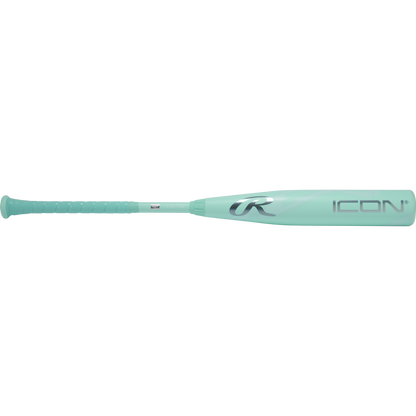 The 2026 Rawlings Icon (-5) 2 3/4" USSSA Baseball Bat (RUT6I5) features a turquoise barrel with ICON and a stylized R logo, plus a textured grip for both style and performance.