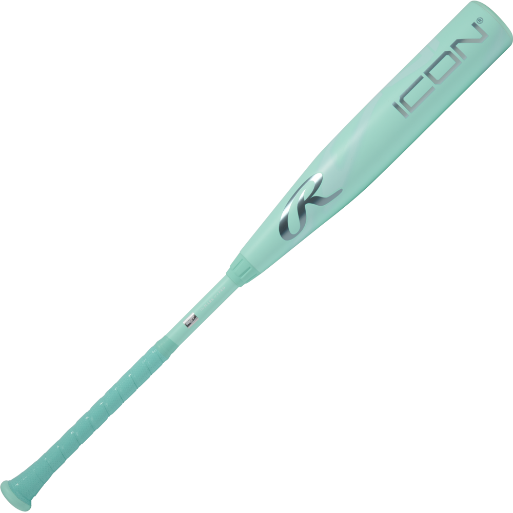 The 2026 Rawlings Icon (-5) 2 3/4" USSSA Baseball Bat (RUT6I5) features a light teal design, textured grip, bold ICON lettering on the barrel, and Rawlings' stylized R logo. Shown on a plain white background.