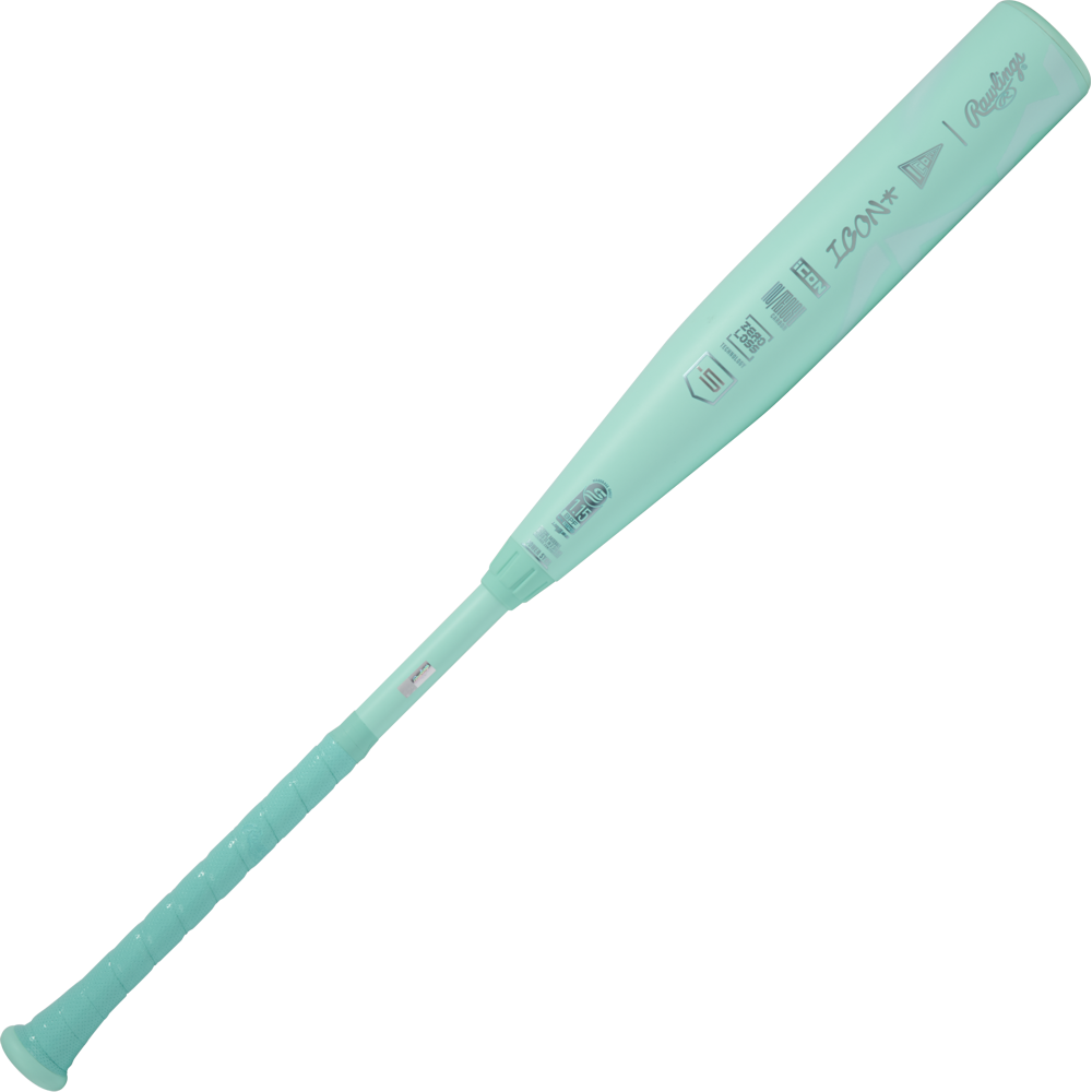 The 2026 Rawlings Icon (-5) 2 3/4" USSSA Baseball Bat (RUT6I5) is shown in light teal with a matching grip, featuring multiple logos and text on the carbon composite barrel, displayed on a plain white background.