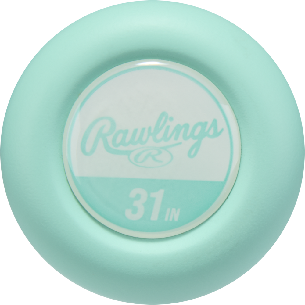 Close-up of the mint green knob on the 2026 Rawlings Icon (-5) 2 3/4" USSSA Baseball Bat (RUT6I5), featuring a circular Rawlings 31 IN label in white and teal, showcasing its carbon composite construction.