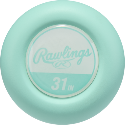 Close-up of the mint green knob on the 2026 Rawlings Icon (-5) 2 3/4" USSSA Baseball Bat (RUT6I5), featuring a circular Rawlings 31 IN label in white and teal, showcasing its carbon composite construction.