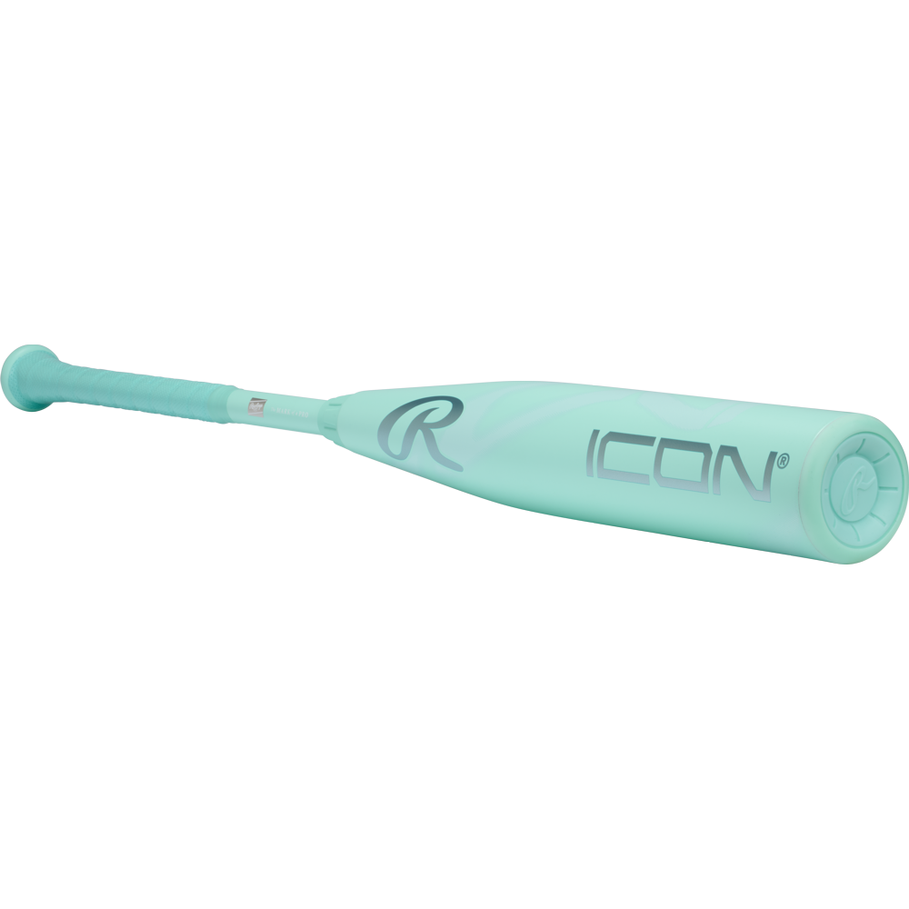 The 2026 Rawlings Icon (-5) 2 3/4" USSSA Baseball Bat (RUT6I5) features a light teal finish, gray ICON and R logos, a textured grip, smooth glossy barrel, and durable carbon composite construction.