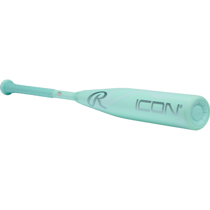 The 2026 Rawlings Icon (-5) 2 3/4" USSSA Baseball Bat (RUT6I5) features a light teal finish, gray ICON and R logos, a textured grip, smooth glossy barrel, and durable carbon composite construction.