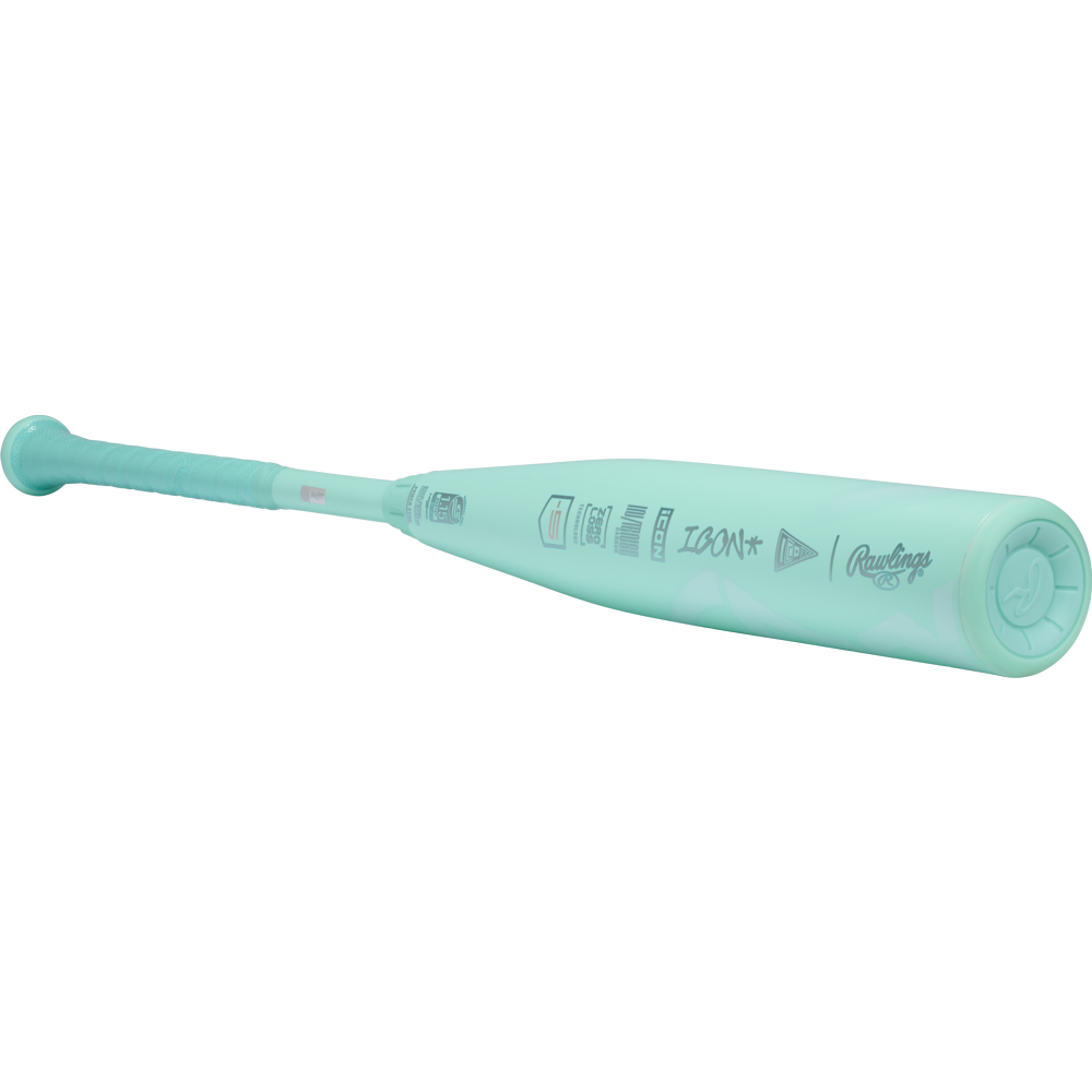 The 2026 Rawlings Icon (-5) 2 3/4" USSSA Baseball Bat (RUT6I5) features a light teal design, grip tape handle, and printed logos—delivering style and top performance for young players. Displayed on a white background.