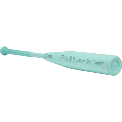 The 2026 Rawlings Icon (-5) 2 3/4" USSSA Baseball Bat (RUT6I5) features a light teal design, grip tape handle, and printed logos—delivering style and top performance for young players. Displayed on a white background.