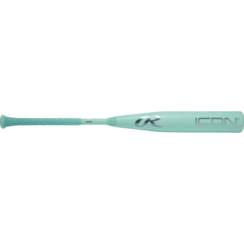 The 2026 Rawlings Icon (-8) USSSA Baseball Bat features a light teal design, silver ICON and large R logo on its carbon composite barrel, plus a textured grip to make this standout bat from Rawlings truly unique.