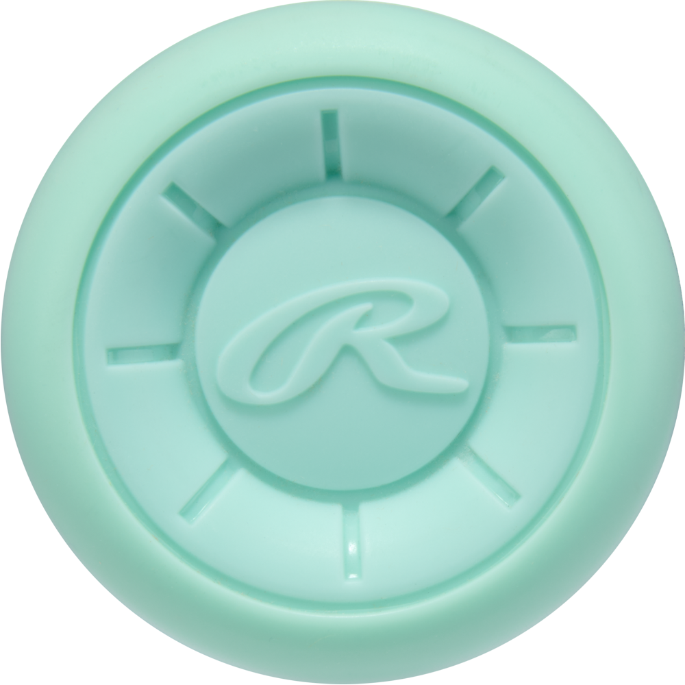 A mint green circular object with a raised "R" and eight radiating lines, resembling the end cap of the 2026 Rawlings Icon (-8) 2 3/4" USSSA Baseball Bat: RUT6I8 (DEMO), is viewed from above on a plain background.