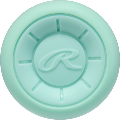 A mint green circular object with a raised "R" and eight radiating lines, resembling the end cap of the 2026 Rawlings Icon (-8) 2 3/4" USSSA Baseball Bat: RUT6I8 (DEMO), is viewed from above on a plain background.