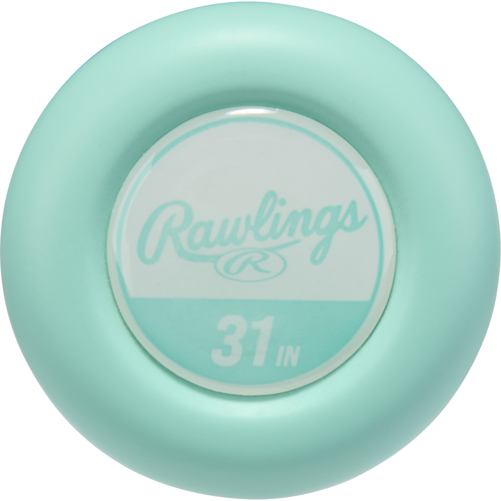 A light teal Rawlings knob sticker, ideal for your 2026 Rawlings Icon (-8) USSSA bat or any -8 baseball bat, features "Rawlings" and "31 IN" in white—signifying a 31-inch carbon composite bat.