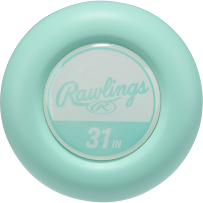 A light teal Rawlings knob sticker, ideal for your 2026 Rawlings Icon (-8) USSSA bat or any -8 baseball bat, features "Rawlings" and "31 IN" in white—signifying a 31-inch carbon composite bat.