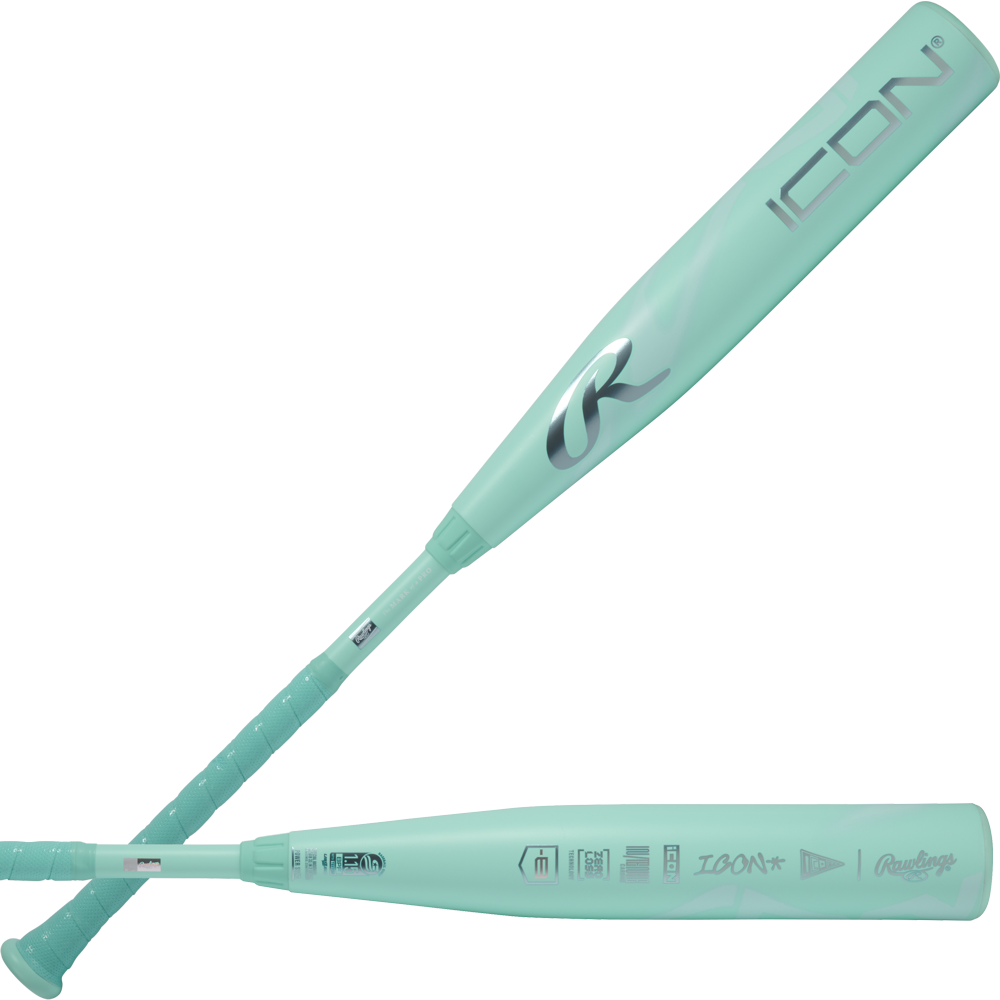 Two mint-green 2026 Rawlings Icon (-8) 2 3/4" USSSA Baseball Bats (RUT6I8 DEMO) are shown, side and top views, highlighting carbon composite construction, branding, and text details.