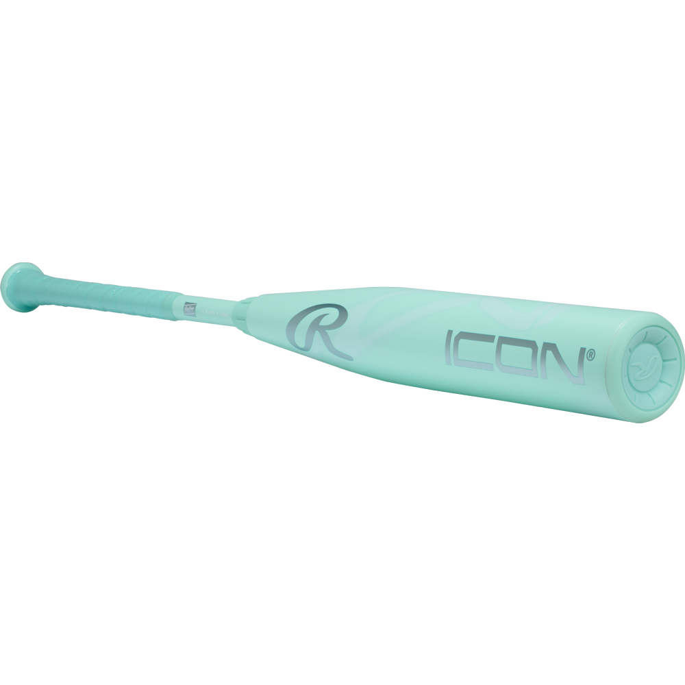 The 2026 Rawlings Icon (-8) 2 3/4" USSSA Baseball Bat (RUT6I8 DEMO) features a light teal carbon composite design with ICON and a stylized R logo on the barrel, displayed against a plain white background.