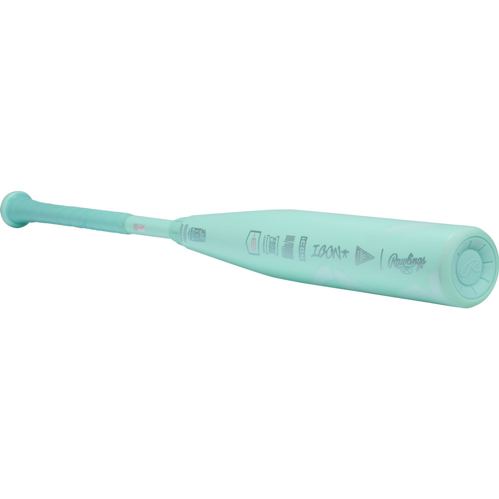 The 2026 Rawlings Icon (-8) 2 3/4" USSSA Baseball Bat: RUT6I8 (DEMO) features a teal design, textured grip, and printed logos along its carbon composite barrel, displayed on a plain white background.