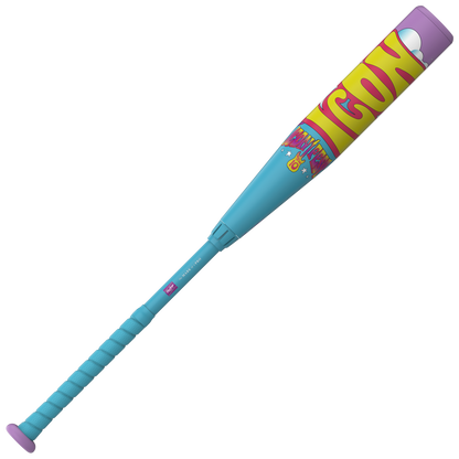 The 2026 Rawlings Icon Fest (-10) USSSA Baseball Bat (RUT6IFL10) features a colorful design with a blue handle, purple knob, yellow barrel, red "GOOD" lettering, cartoon graphics, and advanced In/Tense Carbon Composite technology.