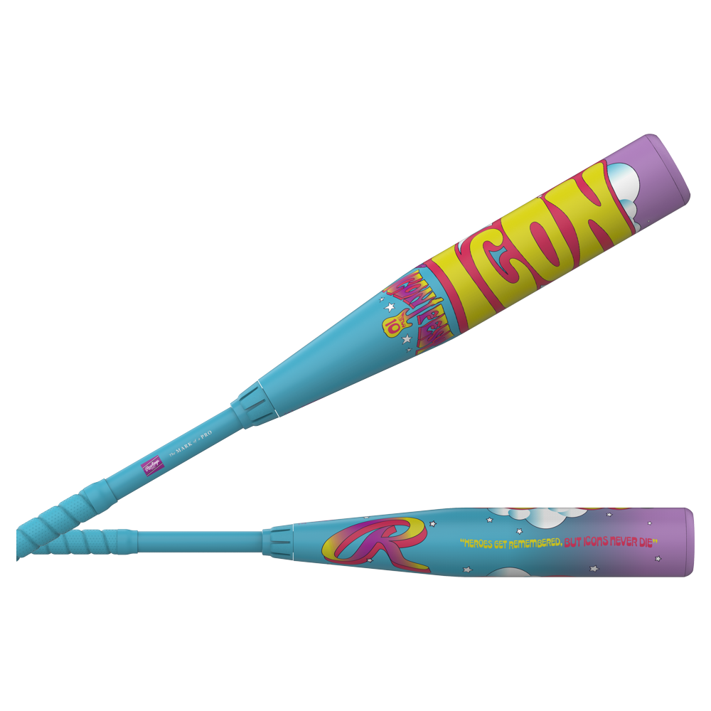 Two limited edition Rawlings baseball bats with cartoon-style designs: one says "ICON" in bold yellow and red, while the 2026 Rawlings Icon Fest USSSA Bat features a big “R,” clouds, and "Heroes are remembered but ICONS never die.