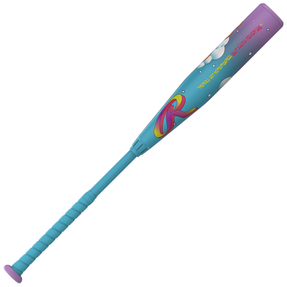 The 2026 Rawlings Icon Fest (-5) 2 3/4" USSSA Baseball Bat (RUT6IFL5) features a light blue handle, blue-to-purple gradient barrel, multicolored cloud designs, and “Good night, Mr. Kiss Kiss Bang Bang”—crafted with In/Tense Carbon Composite.