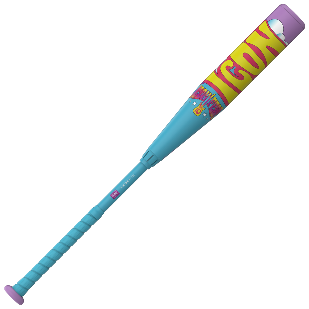 The 2026 Rawlings Icon Fest (-8) USSSA Baseball Bat (RUT6IFL8) features a blue handle, purple end cap, yellow barrel with cartoon graphics, and bold "Good Night" text.