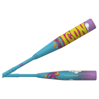 Limited edition Rawlings 2026 Icon Fest (-8) USSSA baseball bat set: two vibrant carbon composite bats, blue and purple designs, featuring bold ICON text and a stylized R with “Heroes are remembered but icons never die.”.