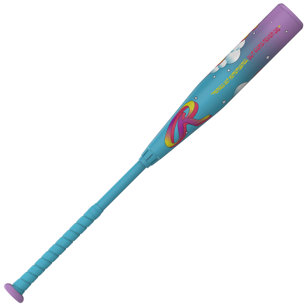The 2026 Rawlings Icon Fest (-8) USSSA Baseball Bat (RUT6IFL8) features a blue handle, purple grip, and a blue-to-purple gradient barrel with cartoon clouds and a pink-yellow R emblem for a playful, limited edition look.