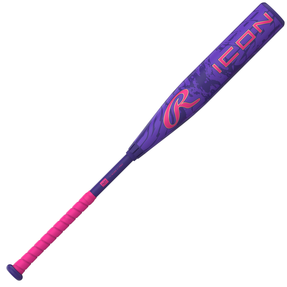 The 2027 Rawlings Icon (-8) 2 3/4″ USSSA Baseball Bat: RUT7I8 by Rawlings features a pink grip and a purple barrel with pink and blue accents, highlighted by the word “ICON” and a stylized R logo. This bat utilizes innovative Zero Loss Technology and an In/Tense Carbon Composite design to boost performance.