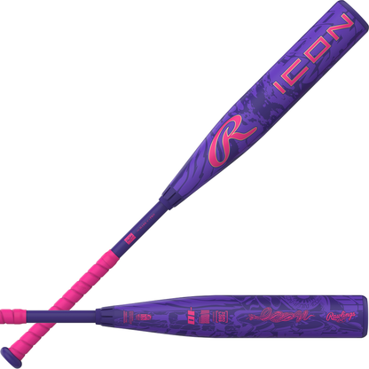 Two purple and pink Rawlings baseball bats featuring a patterned design with pink handle grips and distinct branding. The 2027 Rawlings Icon (-8) 2 3/4″ USSSA Baseball Bat: RUT7I8 incorporates advanced In/Tense Carbon Composite construction and Zero Loss Technology, making it a standout choice for serious players.