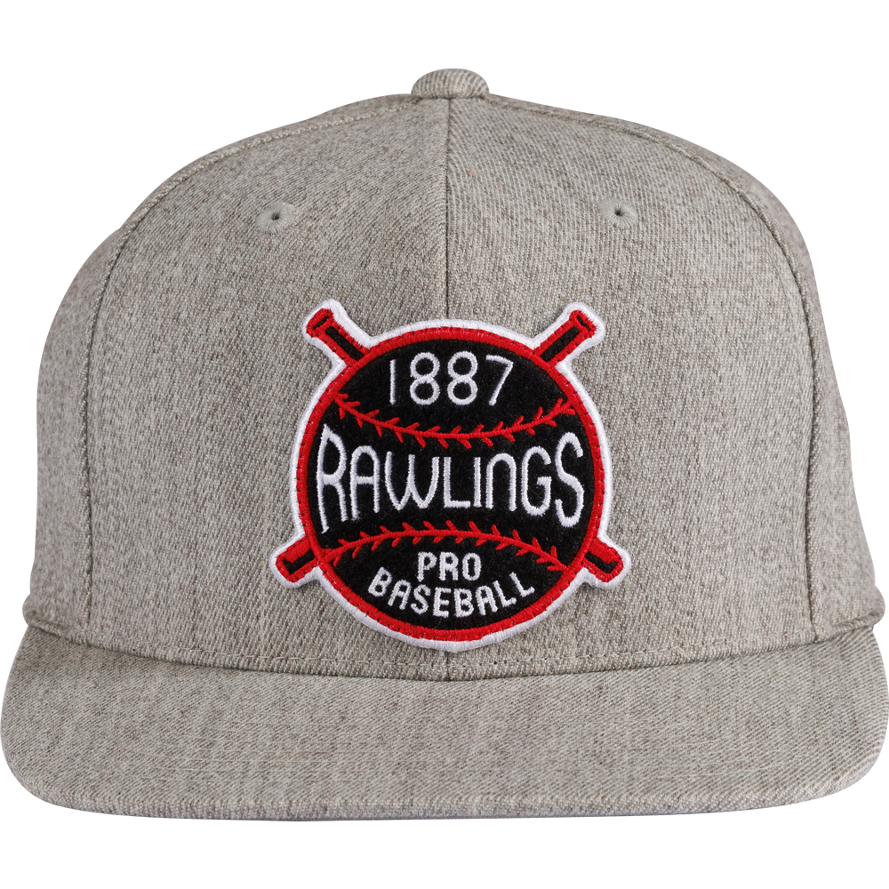 The Rawlings Vintage Flat Bill Snapback Hat (RVBH-HTGY) is a gray cap with a round embroidered 1887 Rawlings Pro Baseball patch, crossed bats, and red, black, and white front accents.