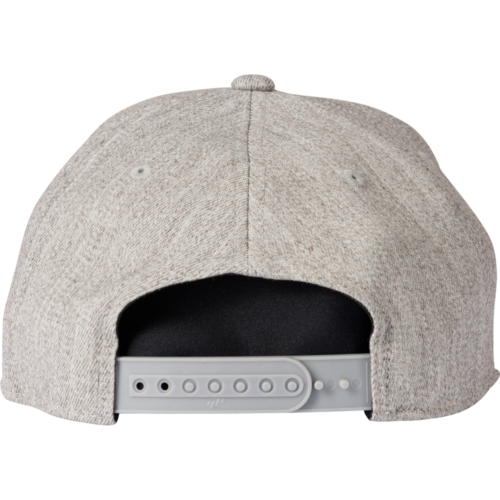 A close-up of the Rawlings Vintage Flat Bill Snapback Hat (RVBH-HTGY) in gray, featuring an adjustable plastic strap with multiple fastening holes—classic baseball cap style from Rawlings.