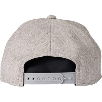 A close-up of the Rawlings Vintage Flat Bill Snapback Hat (RVBH-HTGY) in gray, featuring an adjustable plastic strap with multiple fastening holes—classic baseball cap style from Rawlings.