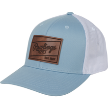 The Rawlings Leather Patch Snapback Hat (RWHLP) features a light blue and white mesh design with a brown leather patch on the front reading "Rawlings Est. 1887.