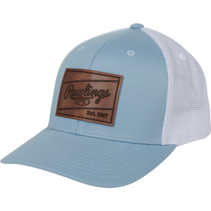 The Rawlings Leather Patch Snapback Hat (RWHLP) features a light blue and white mesh design with a brown leather patch on the front reading "Rawlings Est. 1887.