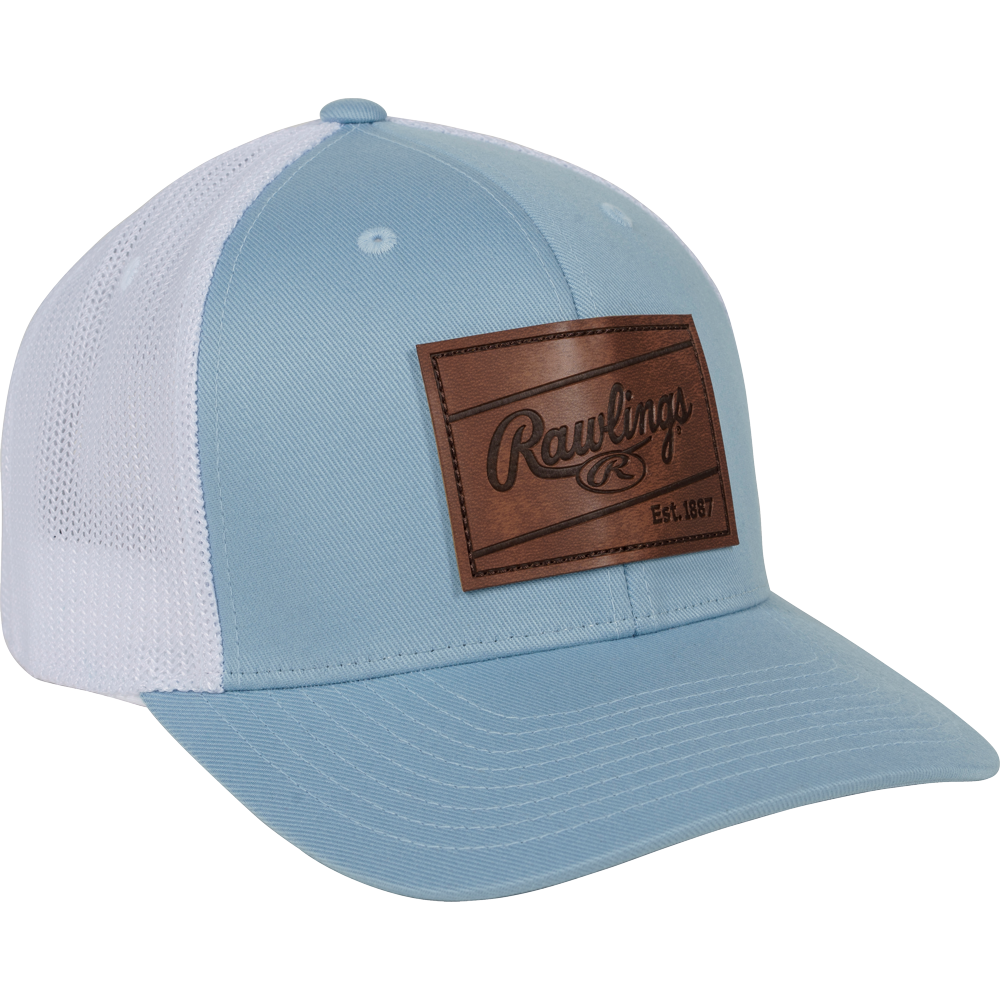 The Rawlings Leather Patch Snapback Hat: RWHLP features light blue and white mesh, a brown leather patch with the Rawlings logo and Est. 1887 on the front, a curved brim, and an adjustable snapback for a perfect fit.