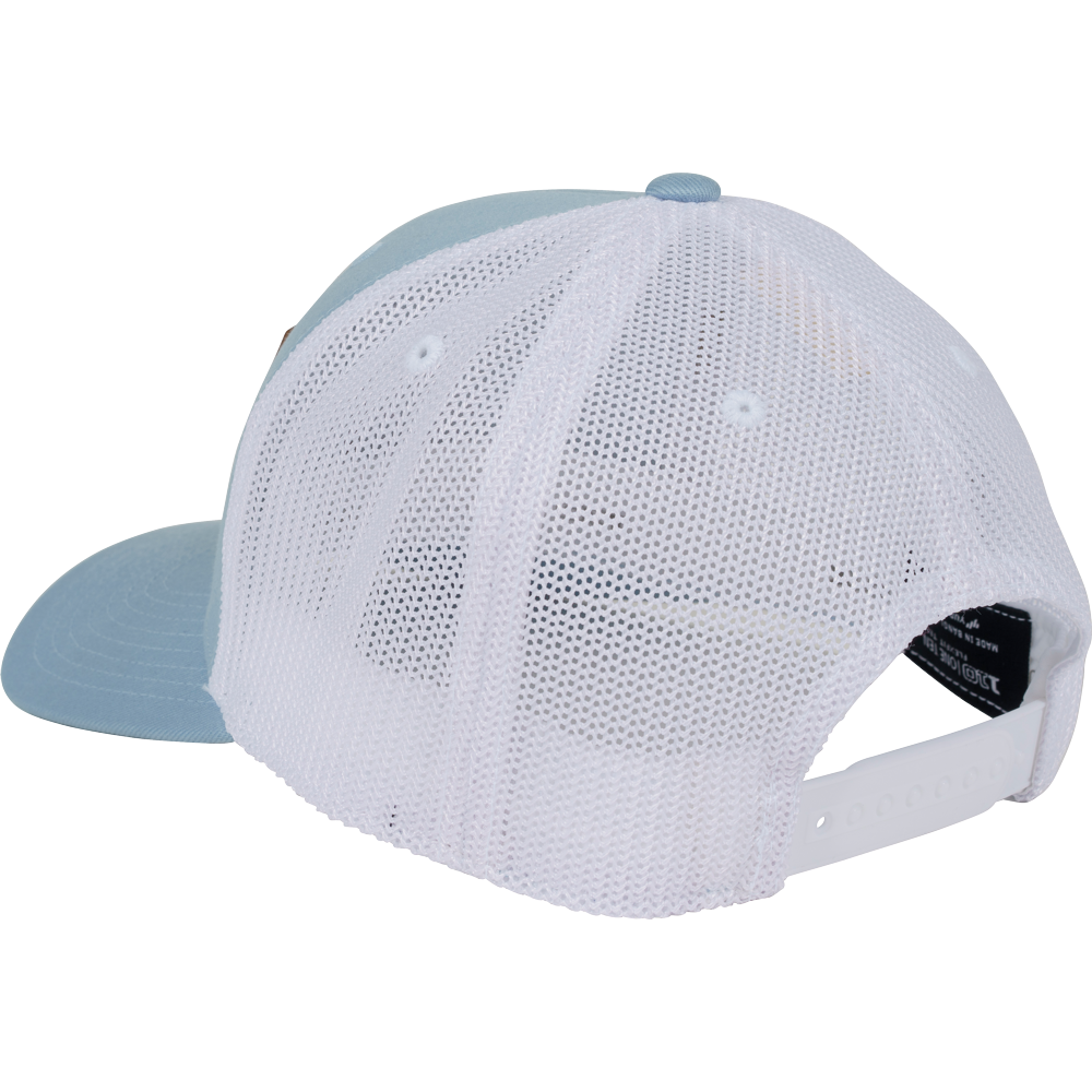 The Rawlings Leather Patch Snapback Hat: RWHLP features a light blue front, white mesh back, and adjustable snapback closure, shown from the back and side.