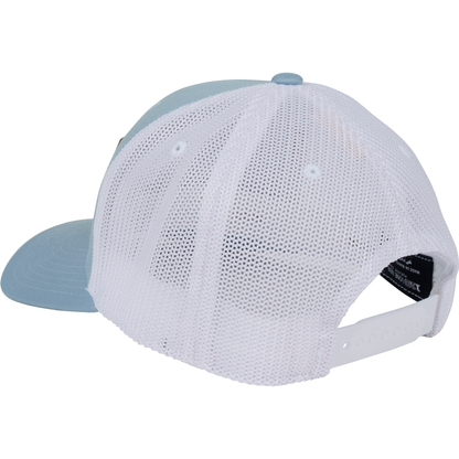 The Rawlings Leather Patch Snapback Hat: RWHLP features a light blue front, white mesh back, and adjustable snapback closure, shown from the back and side.