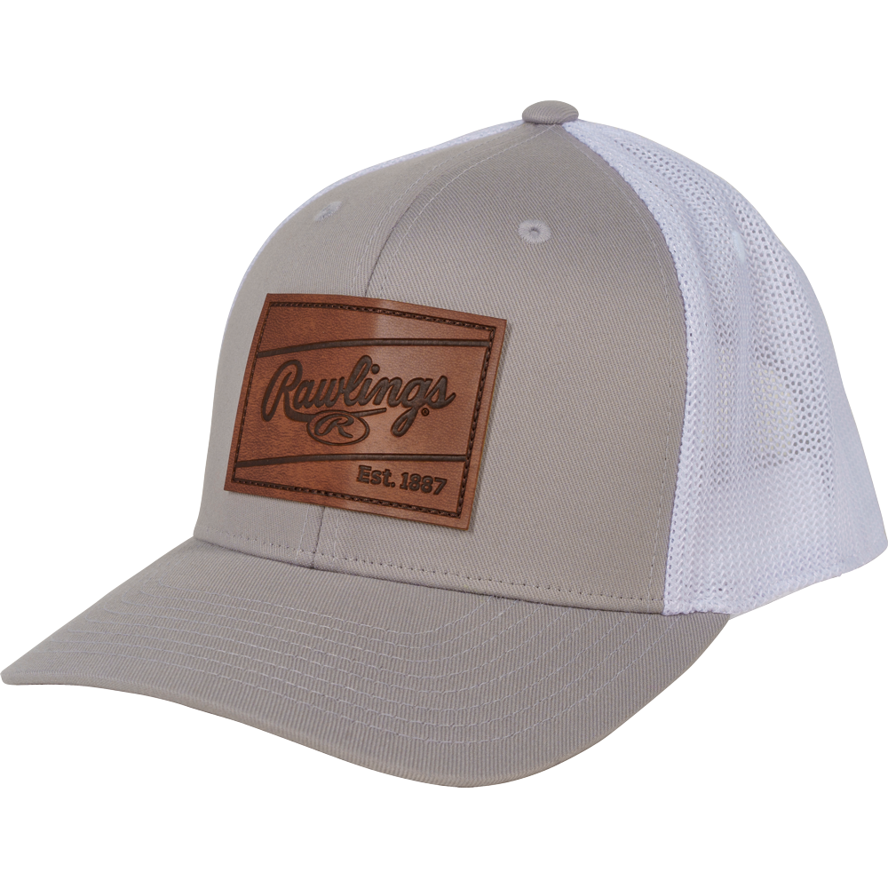 The Rawlings Leather Patch Snapback Hat: RWHLP is a beige and white cap featuring a mesh back and a brown leather patch on the front with the Rawlings logo and Est. 1887.