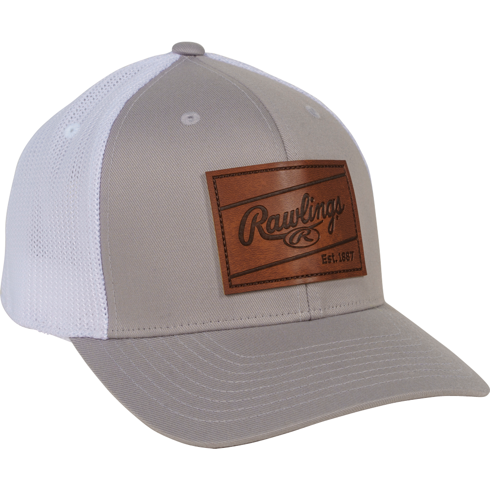 The Rawlings Leather Patch Snapback Hat (RWHLP) features a genuine leather patch, making it a stylish choice for any modern baseball cap fan.