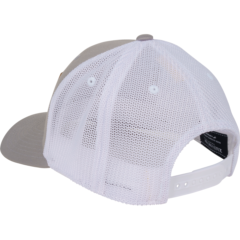 The Rawlings Leather Patch Snapback Hat: RWHLP features a light gray and white design, white mesh back panel, and adjustable plastic snapback closure.