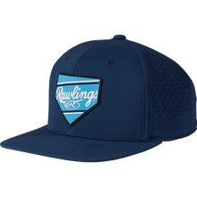 The Rawlings Home Plate Performance Flat Bill Snapback Hat (RWPBH) features a navy design with perforated back and sides, a flat brim, and a blue home plate patch displaying the white Rawlings logo—stylish and breathable for any fan.