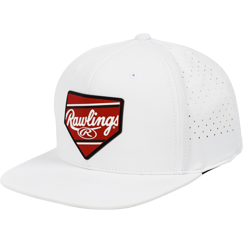 The Rawlings Home Plate Performance Flat Bill Snapback Hat (RWPBH) features side ventilation holes and a red and black home plate-shaped logo patch on the front—a perfect choice for baseball fans.