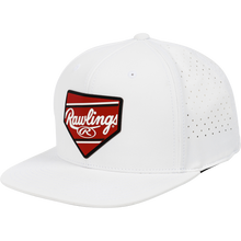 The Rawlings Home Plate Performance Flat Bill Snapback Hat (RWPBH) features side ventilation holes and a red and black home plate-shaped logo patch on the front—a perfect choice for baseball fans.