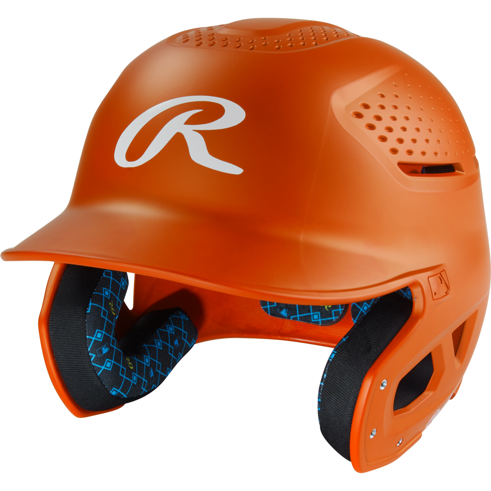 The Rawlings RX2 Matte Batting Helmet: RX2MAT is an orange youth helmet featuring a white “R” logo, side and top vents, and blue patterned inner padding—ideal for comfort and protection.