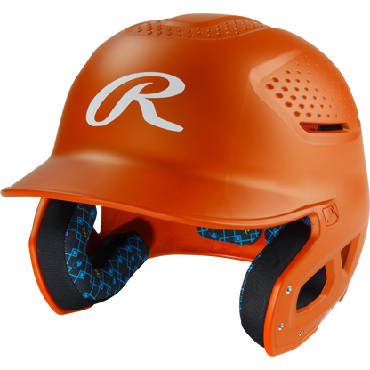 The Rawlings RX2 Matte Batting Helmet: RX2MAT is an orange youth helmet featuring a white “R” logo, side and top vents, and blue patterned inner padding—ideal for comfort and protection.