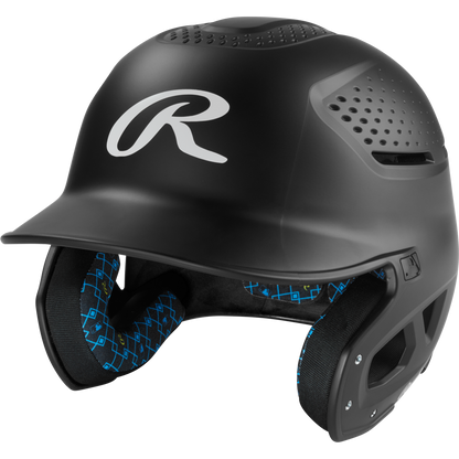 The Rawlings RX2 Matte Batting Helmet: RX2MAT is a matte black youth helmet with ventilation holes, a protective face guard, blue-patterned interior padding, and a large white R logo on the front.