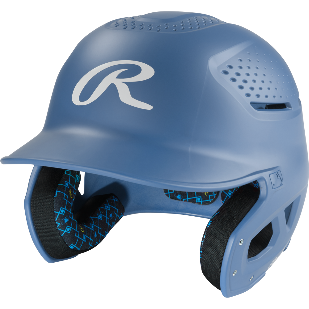 The Rawlings RX2 Matte Batting Helmet: RX2MAT by Rawlings features a Columbia Blue matte finish, vent holes, white R logo on the front, and black padded interior with blue & yellow geometric pattern—ideal for young players.