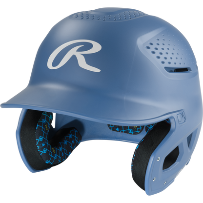 The Rawlings RX2 Matte Batting Helmet: RX2MAT by Rawlings features a Columbia Blue matte finish, vent holes, white R logo on the front, and black padded interior with blue & yellow geometric pattern—ideal for young players.