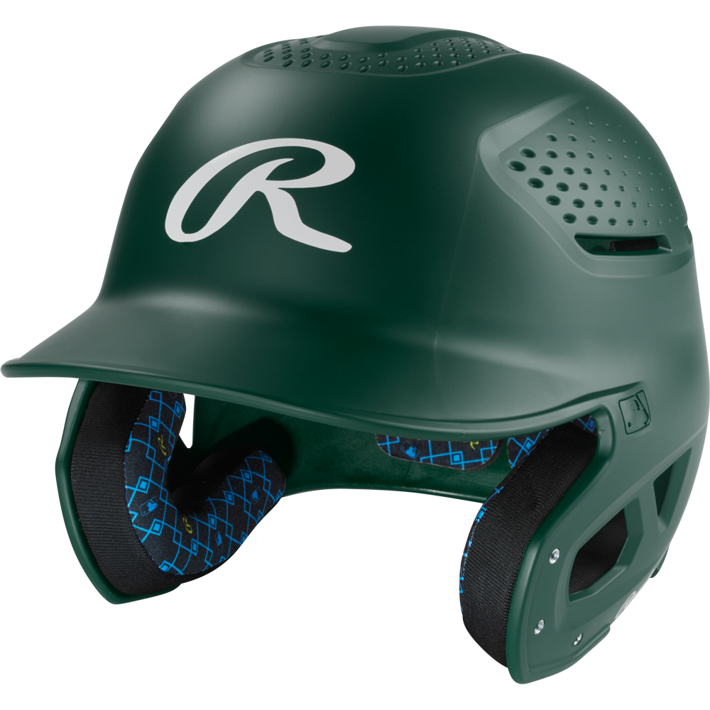 A Rawlings RX2 Matte Batting Helmet: RX2MAT in dark green with a protective face guard and blue patterned interior padding, shown angled on a white background—an ideal addition to any youth helmet collection.