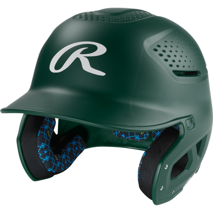 A Rawlings RX2 Matte Batting Helmet: RX2MAT in dark green with a protective face guard and blue patterned interior padding, shown angled on a white background—an ideal addition to any youth helmet collection.